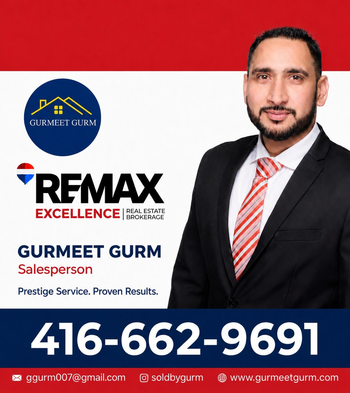 Professional real estate agent Gurmeet Gurm in business attire with REMAX Excellence branding and contact information displayed